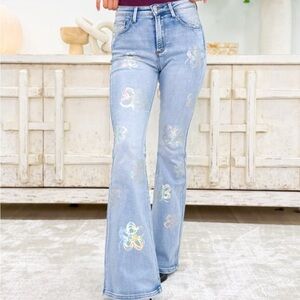 Iridescent Floral Light Blue Flare SuperNova Jeans by Olli & Halli NWT Medium
